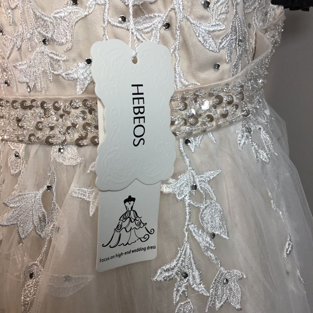 NWT blush pink and white embroidery leaf toile Hebeos short wedding dress 18/20W - Picture 7 of 9